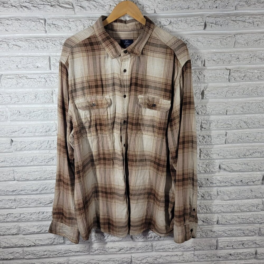 George Mens Shirt 3XLT Long Sleeve Tan Plaid Soft Cotton Blend Collar PLA42E